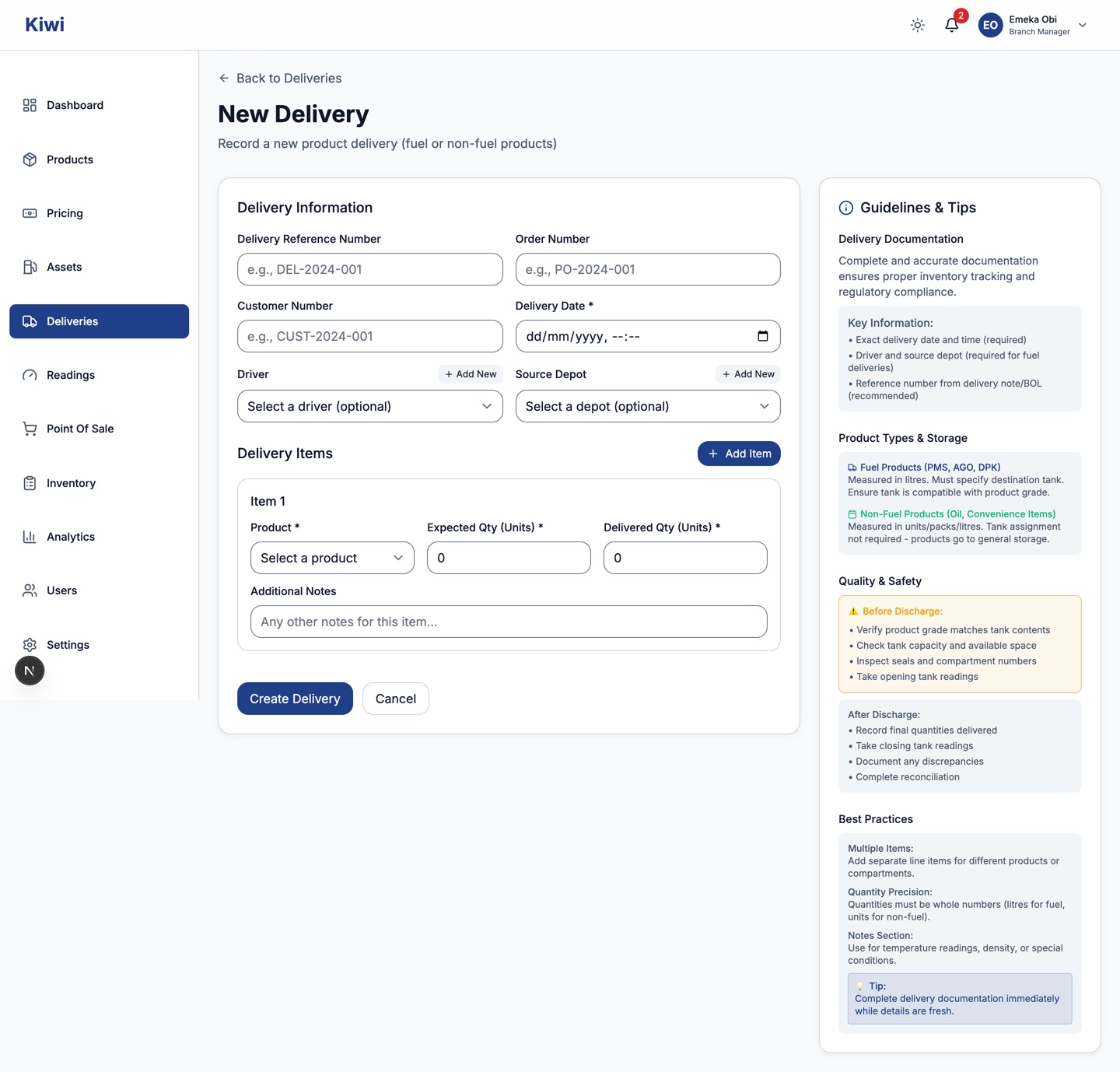New Delivery form