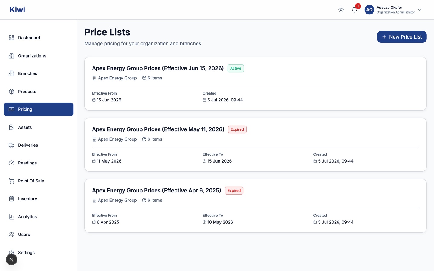 Price Lists page