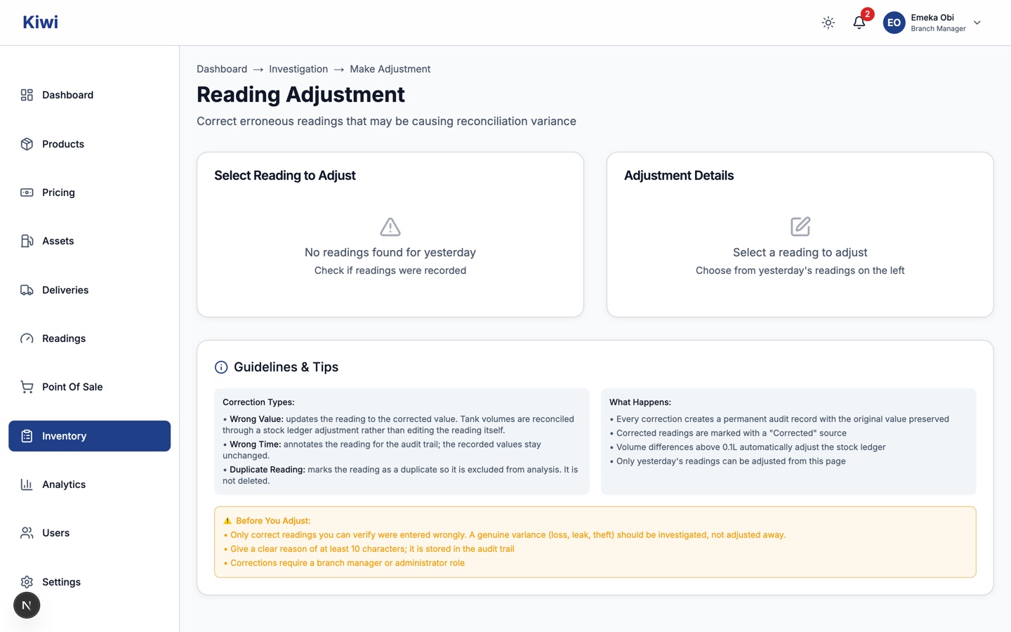Reading Adjustment page