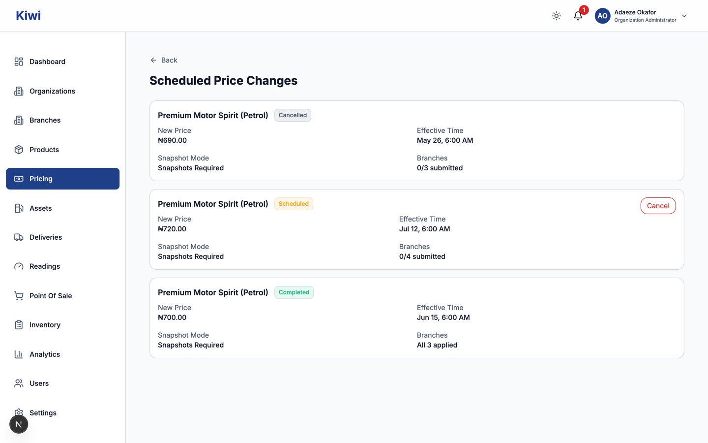 Scheduled Price Changes page