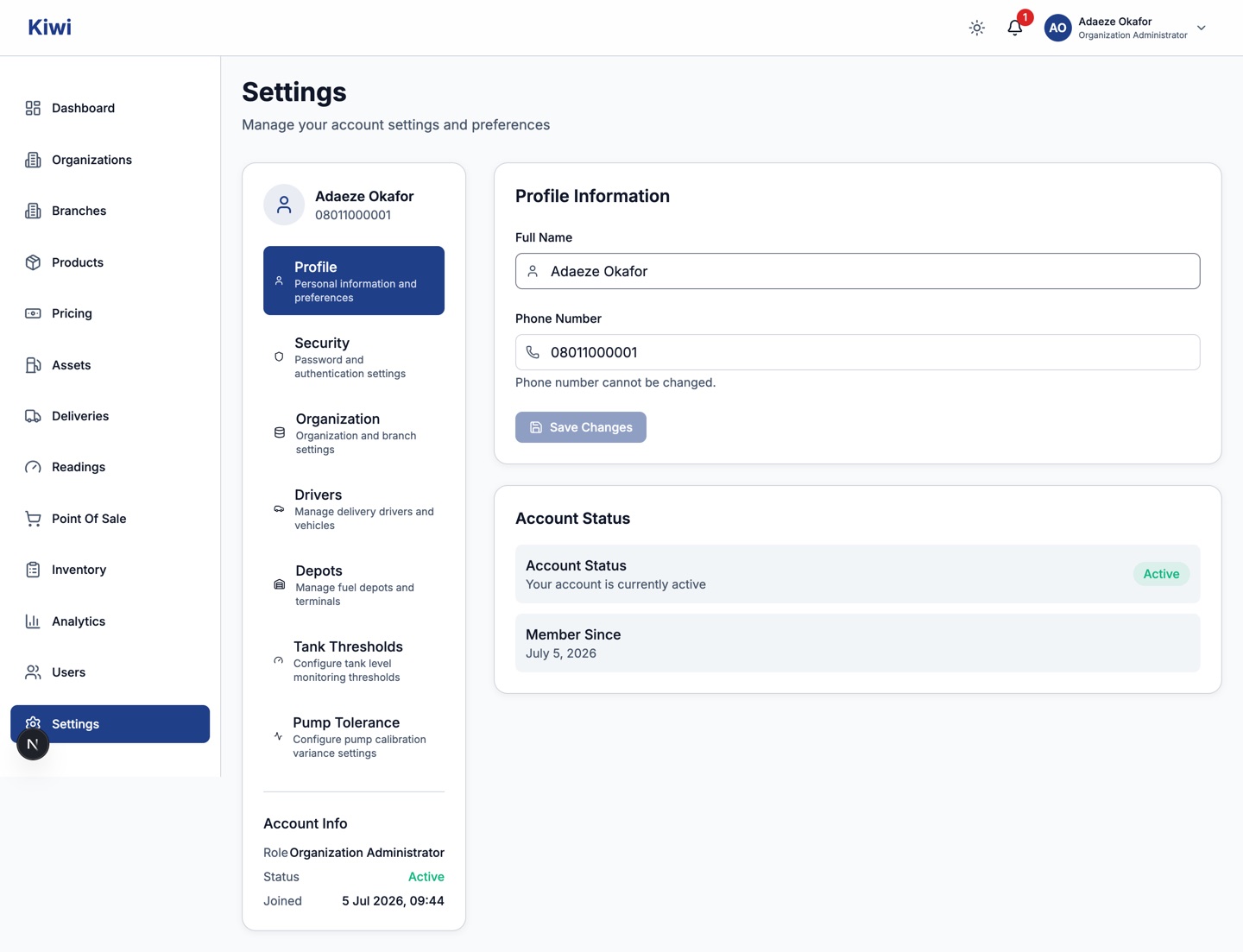 Settings page