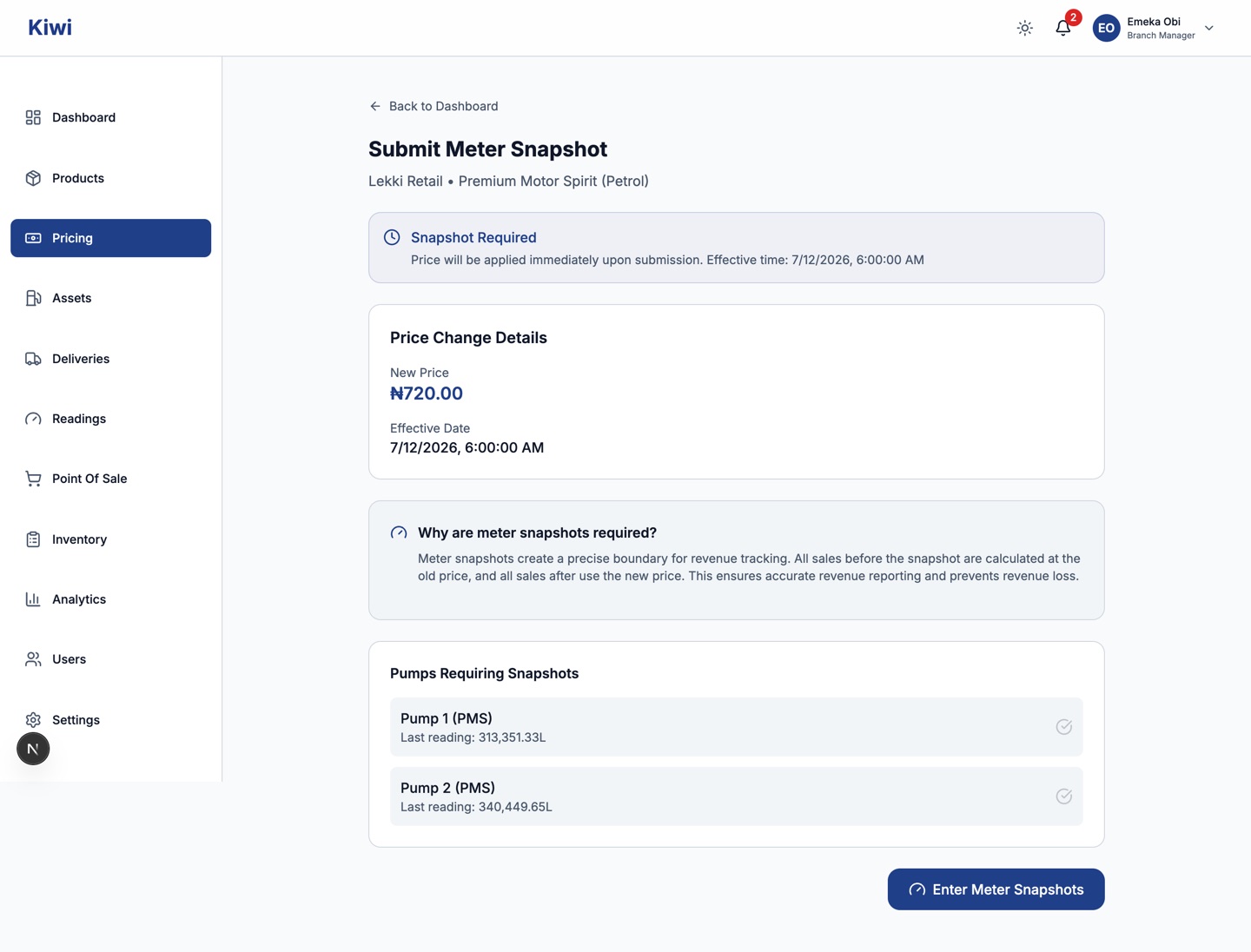 Submit Meter Snapshot page