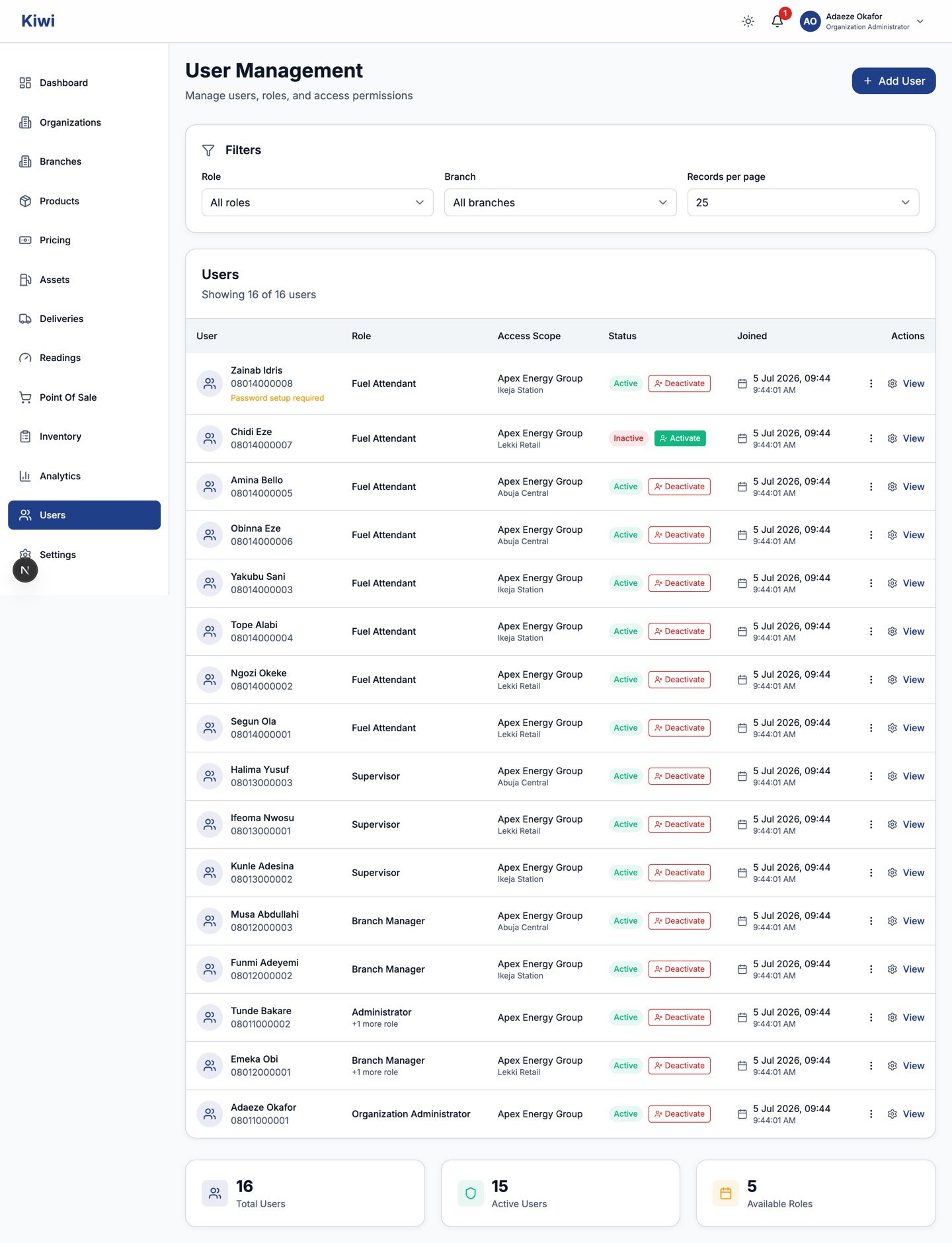User Management page